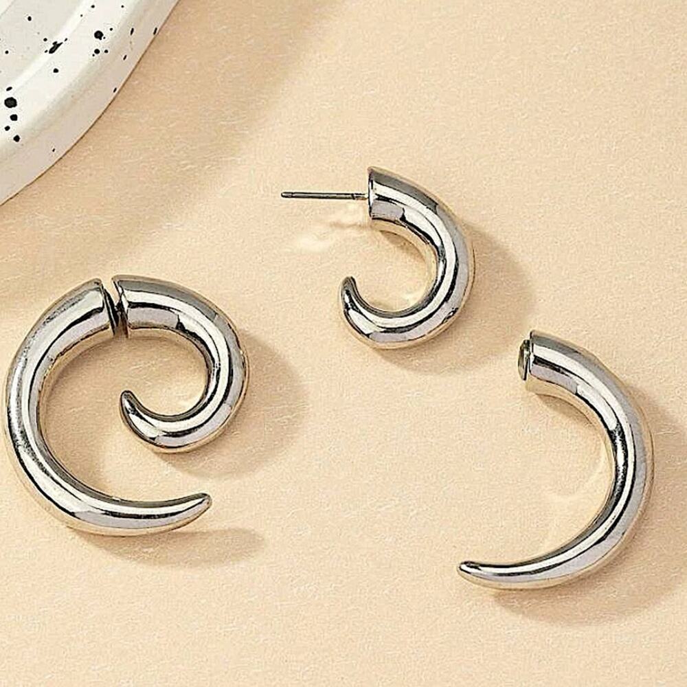 Silver Minimalist Cuff Hoop Earrings, Stud, Punk, Spiral - Picture 5 of 5